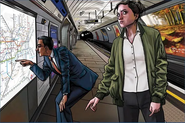 A stylized illustration of a subway platform with tiled walls and a curved ceiling. A man in a dark suit and red tie leans out from the open door of a subway car, holding a map. A woman in a green jacket over a white shirt and black pants stands on the platform, pointing toward the tracks. A sign reading "Mind the Gap" is visible above the subway car door. In the background, a tunnel leads into darkness, with a train visible in the distance. The platform has advertisements on the walls.
