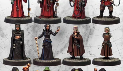 12 painted sci-fi miniatures in 3 rows, various robes and weapons.