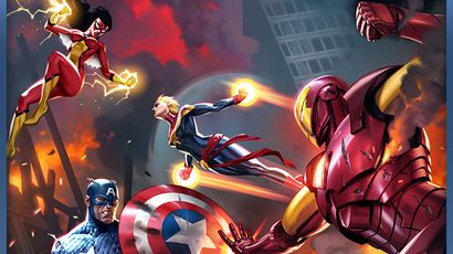 A dynamic scene features several iconic superheroes engaged in battle amidst a chaotic urban backdrop. On the left, a female hero with red and yellow attire unleashes energy blasts, while a flying hero in a blue and gold costume, likely Captain Marvel, propels forward. In the foreground, Iron Man, clad in his red and gold armor, prepares to strike, and Captain America stands resolutely, holding his shield emblazoned with a star. The atmosphere is charged with tension, reflecting the theme of hero versus hero.