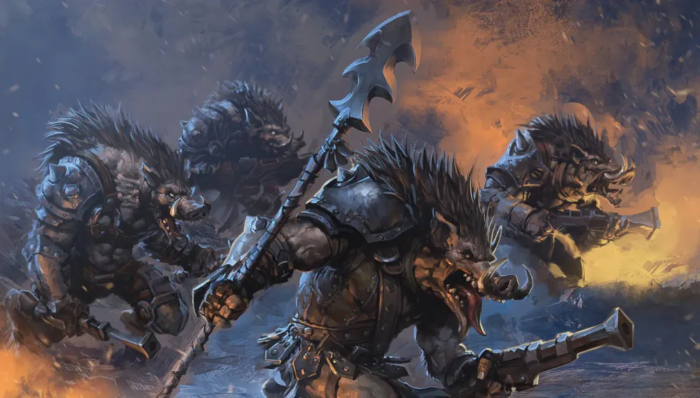 A group of fierce, anthropomorphic boars clad in rugged armor and wielding weapons, including a large, spiked spear, charge forward in a dynamic battle scene. Their muscular forms are accentuated by spiky fur and menacing expressions, showcasing their readiness for combat. In the background, additional boars can be seen, adding to the chaotic atmosphere of the illustration, which features dark, smoky tones and hints of fiery orange, suggesting a tumultuous battlefield.