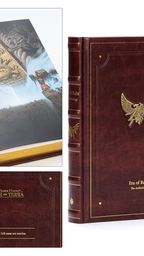 A special edition hardcover book titled "Era of Ruin: The Anthology" features a rich red faux-leather cover adorned with a prominent gold emblem of an eagle. The book showcases intricate debossed details and gold gilt page edges, along with a ribbon bookmark. Surrounding the book are images of its interior, displaying full-color artwork and a quote that reads, "All we have left now are stories."