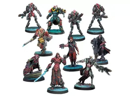 A collection of ten miniatures from the Combined Army Action Pack, showcasing a variety of sci-fi characters. The figures include a mix of humanoid and alien designs, featuring intricate details and vibrant colors, with some characters wielding weapons and others in dynamic poses. The miniatures are displayed on circular bases, set against a simple white background, emphasizing their unique designs and features.