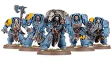 A trio of Space Wolves miniatures stands prominently, showcasing their detailed armor and weaponry. The central figure, likely Logan Grimnar, is adorned in blue terminator armor with a fur cloak and a skull, wielding an axe. Flanking him are two lieutenants: one with a large weapon and intricate details, and the other featuring a distinctive beard and additional armor embellishments, all set against a base with tufts of grass and snow.