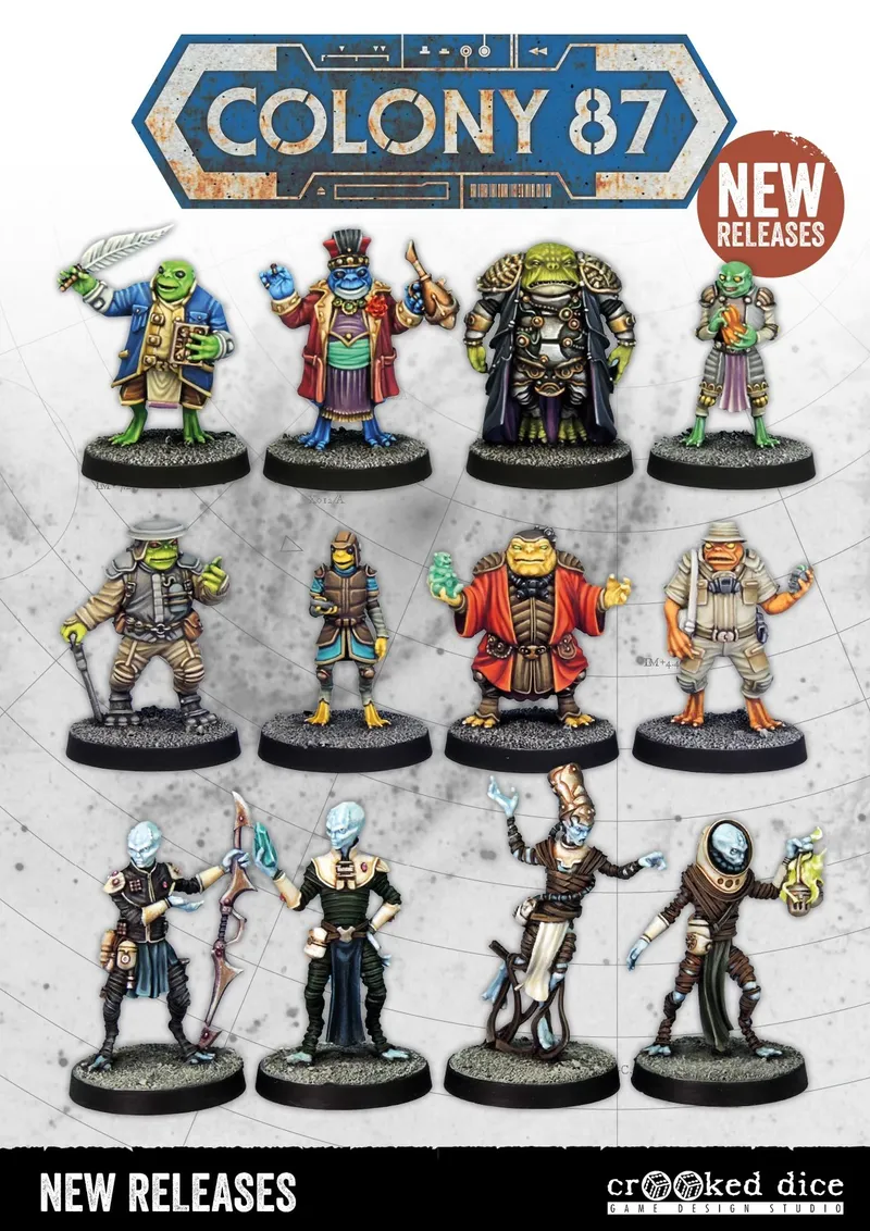 A collection of twelve intricately designed tabletop miniatures is displayed in a grid format. The figures include a variety of colorful characters, such as humanoid creatures with distinct features, clothing, and accessories, showcasing a mix of fantasy and sci-fi elements. The background is a light gray with a subtle grid pattern, and the text "NEW RELEASES" is prominently featured at the bottom.