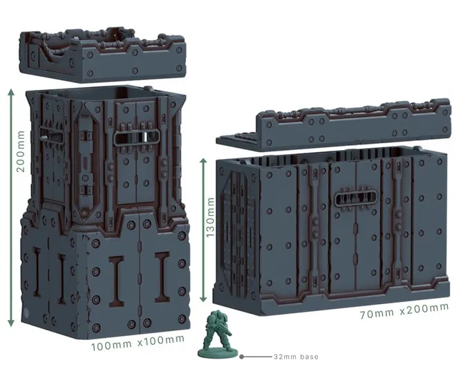 A modular 3D printable fortress system designed for sci-fi tabletop games, featuring various components such as walls, towers, and removable rooftops. The fortress includes a tall tower measuring 200mm and walls that are 130mm high, with dimensions for the wall sections being 200mm by 70mm and the tower sections 100mm by 100mm. A miniature figure on a 32mm base is included for scale, highlighting the impressive size of the fortress elements.