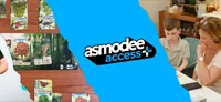 A child sitting at a table, looking at a smartphone. Overlaid text reads "asmodee access+" in white and black on a blue background.