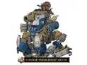 A stylized illustration features Captain Connor "Boom Boom" McCoy standing atop a large, armored warjack. The warjack is primarily painted in shades of blue and gold, with various mechanical details, including multiple cannons and a prominent skull emblem. McCoy, wearing a red cape and goggles, points forward confidently, ready for action, while the base of the image shows cracked stone, suggesting a dynamic battlefield setting.