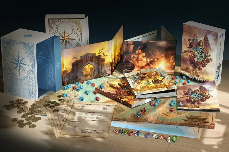 A collection of tabletop role-playing game materials for the 7th Sea Third Edition is displayed on a wooden surface. The scene includes the "7th Sea Starter Set" box, two core rulebooks with vibrant cover art, and a detailed map of Theah, surrounded by colorful dice in various shapes. In the background, there are illustrated panels depicting scenes of adventure, including a ship and a castle, enhancing the swashbuckling theme of the game. Various campaign-exclusive items, such as cloth maps and tokens, are also visible, adding to the immersive experience.