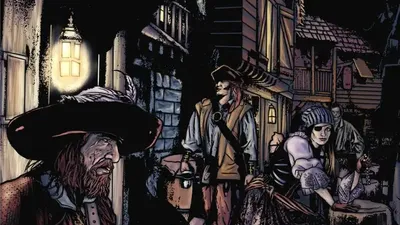 Dark alley at night with cobblestone street. Four characters: pirate with wide-brimmed hat and beard, pirate with tricorn hat, woman in lace dress with bonnet, and another woman in cloak. Lanterns illuminate the scene. Text reads: "Pirate Adventures."