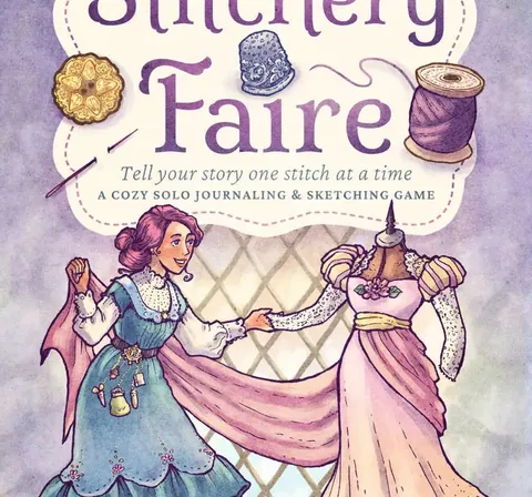 Stitchery Faire, Tell your story one stitch at a time, thimble, spool, woman sewing a dress.