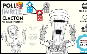 A robot with a blender for a head making peace signs, with dice and text "BRILLIANT IDEA", "SMOOTH, LEAN AND THEMATIC", "GREAT".