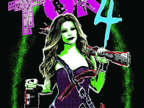 A stylized character with long hair, purple top, and green cybernetic arm holding a large gun. Background features glowing green text with "TOK 4" in large pink and cyan letters. Smaller text includes "Vast Grimm" and "Cybernetic." Character holds a can in left hand.