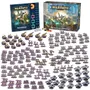 A large collection of 10mm-scale miniatures and game components for the Epic Warpath Battle for Phrovox starter set is displayed. The set includes a rulebook, tokens, and dice, alongside 440 plastic miniatures representing two armies: the Earth’s Enforcers and the Plague. Various types of miniatures are arranged, including infantry, vehicles, and command units, showcasing a diverse array of sci-fi designs and colors.