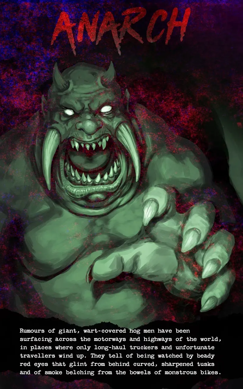 Green-skinned monster with large tusks, sharp teeth, and glowing eyes reaching out.