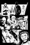Black and white comic panels with characters in urban and action scenes.