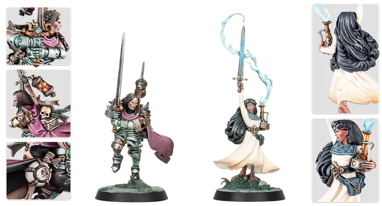 A collection of miniatures from the upcoming board game Warhammer Quest: Darkwater features several characters. In the center, a warrior in ornate armor wields a sword and stands confidently, showcasing intricate details and a flowing purple cape. Flanking this figure are two additional miniatures: one holding a lantern and adorned with various gear, and another with a more whimsical design, hinting at magical elements. Each character is richly detailed, reflecting their unique roles in the game.