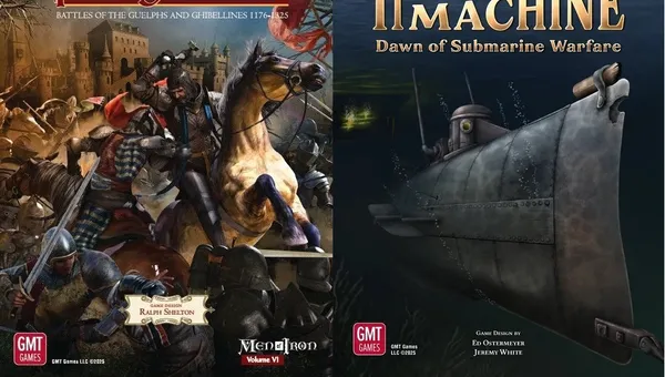 The image features two board game covers side by side. On the left, "Purgatorio: Battles of the Guelphs and Ghibellines 1176-1325" showcases a dramatic scene with armored knights engaged in battle, set against a backdrop of a medieval castle and a cloudy sky. On the right, "Infernal Machine: Dawn of Submarine Warfare" presents a dark underwater scene featuring a submarine, with faint light illuminating the water and hints of a shipwreck in the background. Both covers highlight the historical themes of their respective games.
