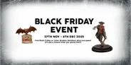 A promotional graphic for TTCombat's Black Friday event features bold text stating "BLACK FRIDAY EVENT" at the top, with dates from "27TH NOV - 4TH DEC 2025" below. On the left, there is an illustration of a small cart with a red and white striped umbrella, while on the right, a miniature figure stands, showcasing a character in a dynamic pose. The text highlights a free miniature offer for purchases over £75 and a second free miniature for orders over £150.