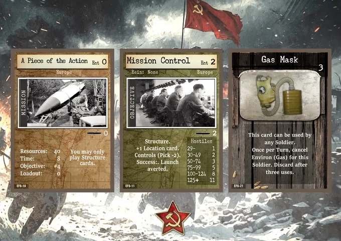 Three cards from the Warfighter WWII Eastern Front card game. From left to right:

1. "Off the Action" card with a black-and-white image of a large artillery gun and crew. Text reads: "Europe", "Ent 0", "You may only play Structure cards.", and numerical values "40", "8", "#4", "0".

2. "Mission Control" card with a black-and-white image of several men in a control room. Text reads: "Rein: None", "Europe", "Ent 2", "OBJECTIVE", "Structure: +1 Location card. Controls (Pick -2). Success:: Launch averted.", and a table with columns "Hostiles" and corresponding numbers: "29-: 1", "30-49: 2", "50-74: 3", "75-99: 5", "100-124: 8", "125+: 11". The card has the identifier "EF6-11".

3. "Gas Mask" card with an image of a gas mask and filter.