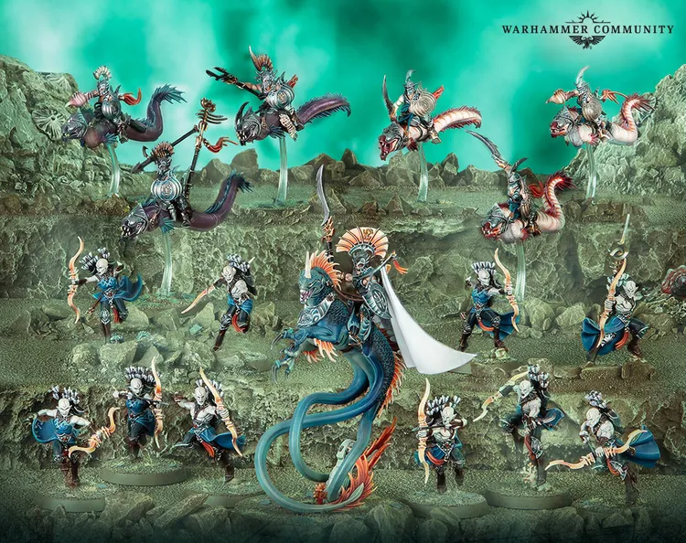 A dynamic scene showcases a variety of Idoneth Deepkin models, featuring a central figure, the Ikon of the Sea, with a flowing white banner and intricate armor, surrounded by other aelves in vibrant blue and orange hues. Several mounted warriors ride sleek sea creatures, while others stand poised with weapons, all set against a textured, rocky underwater backdrop with a greenish hue. The composition highlights the diverse range of new models, including the Akhelian Tide Guard and Namarti Reavers, emphasizing their aquatic theme and battle-ready stance.