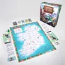Board game "Empire Builder: Ireland" box open, showing map of Ireland with roads, cities, and icons. Components include cards, tokens, and rulebook. Box displays title "Empire Builder" and subtitle "Ireland."