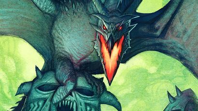 An image of a Dragon sitting on a dwarven statue with it's wings wide and mouth open