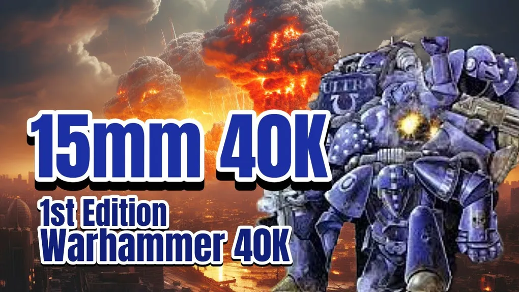 A dramatic scene features a fiery explosion in a dark, cloud-filled sky, with bright orange and yellow flames contrasting against the gray clouds. In the foreground, bold text reads "15mm 40K" and "1st Edition Warhammer 40K," emphasizing the focus on this scale of the game. The background suggests a war-torn cityscape, enhancing the grimdark theme associated with the Warhammer 40,000 universe.