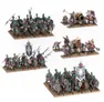 A detailed display of a Grand Cathay army features a variety of miniatures, including 30 Jade Warriors in ornate armor, equipped with hand weapons and shields or halberds, arranged in multiple units. The scene also showcases 10 Jade Lancer cavalry, two Cathayan Grand Cannons, and accompanying artillery crews, all set against a grassy base. Prominent banners and intricate details on the miniatures highlight the rich aesthetic of this new army.