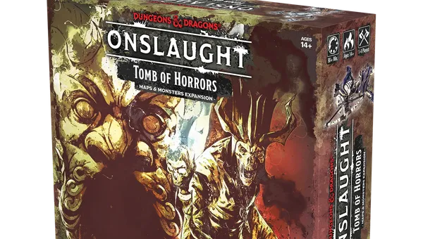 A box for the "Dungeons & Dragons Onslaught: Tomb of Horrors - Maps & Monsters Expansion" features dramatic artwork depicting a menacing demilich and various monstrous figures. The box is predominantly dark with splashes of color, showcasing intricate details of the characters and elements from the dungeon. The title "ONSLAUGHT" is prominently displayed at the top, along with the subtitle and branding for Wizkids.
