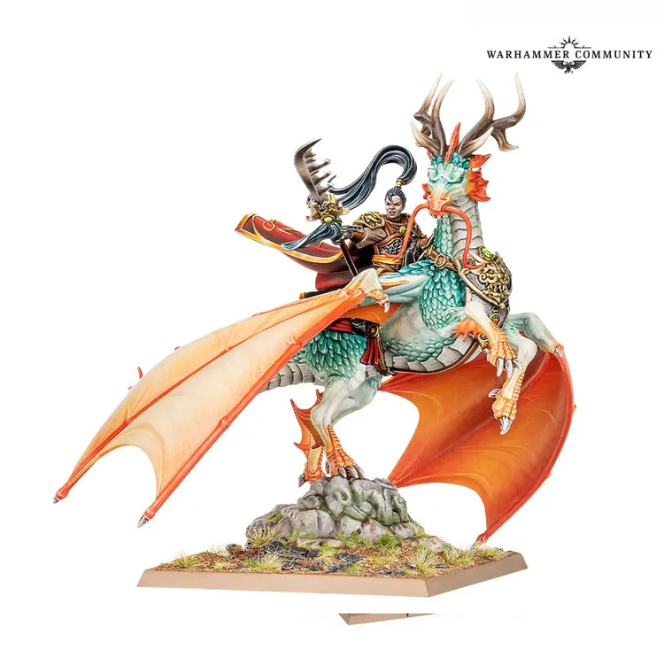 A detailed miniature depicts a Shugengan Lord riding a Great Spirit Longma, a dragon-like creature. The dragon features vibrant scales in shades of turquoise and orange, with intricate armor and decorative elements. The rider, dressed in ornate robes and armor, holds a weapon and is positioned atop a rocky base, showcasing the dynamic pose of both the rider and the dragon.