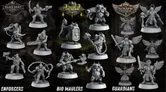 A collection of ten detailed, gray-scale miniatures is displayed, showcasing various post-apocalyptic sci-fi gang characters. The miniatures are organized into three groups: "Enforcers," "Bio Maulers," and "Guardians," each featuring unique designs and weaponry, such as guns, chainsaws, and hammers. The backdrop hints at a gritty, industrial environment, enhancing the grimdark aesthetic of the miniatures.