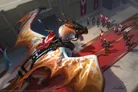A dragon-like creature with metallic armor and red banners, soaring over a red carpet with armored figures.