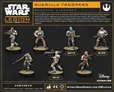 Seven Star Wars: Legion miniatures of Rebel Guerrilla Troopers in varied poses, holding blasters and heavy weapons. Black and tan uniforms with tactical gear. Text: "Guerilla Troopers," "DLT-19," "RT-97C," "HH-12," "AtomicMassGames.com/SWLegion," "Disney Star Wars," and product contents list.