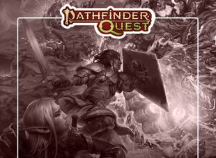 A dynamic illustration features a fierce battle scene from Pathfinder Quest, showcasing a warrior in armor wielding a sword and shield, engaged in combat against a chaotic backdrop of swirling magical energy and monstrous foes. In the foreground, an elf character looks on, adding to the sense of urgency and adventure. The title "Pathfinder Quest" is prominently displayed at the top in a bold, stylized font.