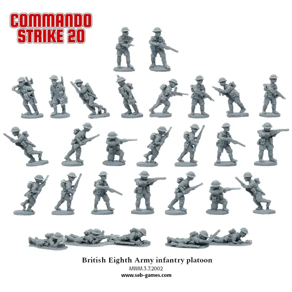 A collection of 20mm scale miniatures representing the British Eighth Army infantry platoon, sculpted in gray plastic. The figures are posed in various stances, including standing, kneeling, and lying down, with some holding rifles and others in action poses. The bottom of the image features the text "British Eighth Army infantry platoon" along with the product code and website link.