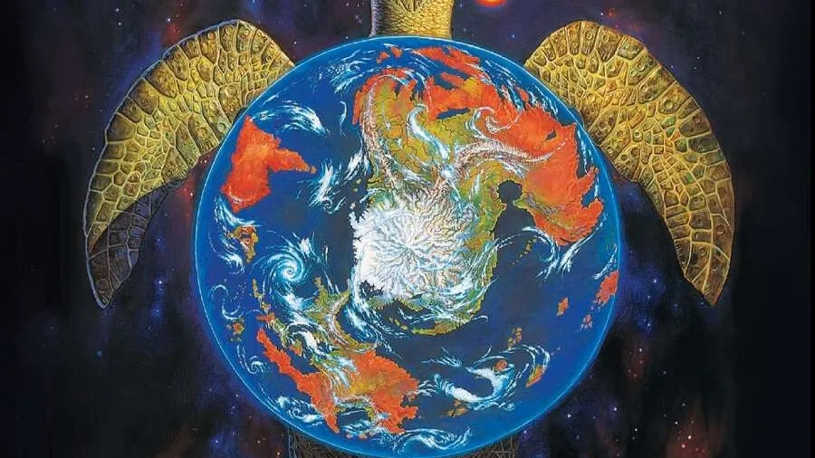 A giant golden turtle carrying a blue globe with continents, stars, and a red sun. Text: "Discworld Adventures in Ankh-Morpork".