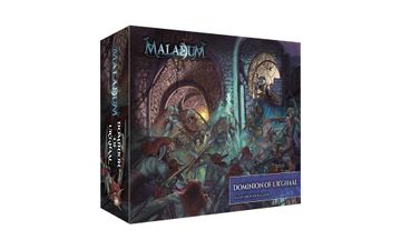A box for the "Maladum" tabletop game expansion titled "Dominion of Urghal" features a dynamic illustration of a chaotic battle scene set in a dark, stone-walled environment. Various creatures, including menacing Urmeck, are depicted engaging in combat, with a central figure wielding a weapon amidst the fray. The title and subtitle are prominently displayed on the front, emphasizing the expansion's focus on the new Urmeck faction.