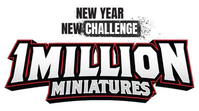 The image features bold, stylized text that reads "MILLION MINIATURES" prominently in the center, with a dynamic design that includes sharp edges and a black and red color scheme. Above this, the phrases "NEW YEAR" and "NEW CHALLENGE" are displayed in a smaller font, emphasizing a fresh start or initiative. The overall design conveys excitement and energy, suitable for a gaming or hobby context.