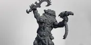 A muscular, anthropomorphic pig warrior, Midas, is depicted in a dynamic pose, raising a large, curved weapon in one hand while holding a severed animal head in the other. He is adorned with armor and accessories that emphasize his fierce and battle-ready nature, including a mane of fur and a belt with various pouches. The figure is rendered in a gray material, showcasing intricate details of his armor and facial features, set against a plain background.