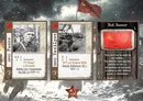 Three cards from a tabletop wargame. The left card shows a black-and-white portrait of a soldier wearing a cap and jacket, with the number 11 at the top, the text "Actions TT Pistol 2 Grenade Toughness +2 Hit +2 HtH +2" below. The center card is titled "(NPS) Vasilyev" with a small red flag and hammer-and-sickle icon, a black-and-white photo of a soldier aiming a rifle, the number 9 at the top, and the text "2 1 2 1 Actions SVT-40 Scoped Rifle Hardy Rifleman XP 1 HtH +2". The right card is titled "Red Banner" with a red flag featuring a yellow hammer-and-sickle, and descriptive text below. In the background, a red flag with a yellow hammer-and-sickle emblem is visible, along with a red star badge with the same emblem.