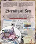 A promotional image for the "Eternity at Sea" scenario for the Call of Cthulhu Roleplaying Game features a vintage-style background with various documents, including newspaper clippings, letters, and maps, scattered across the surface. In the foreground, a circular inset displays a colorful 3D architectural model of a building, emphasizing the immersive elements of the game. The title "Eternity at Sea" is prominently displayed at the top, along with details about the adventure's duration and player capacity.