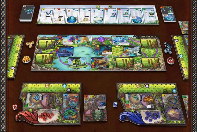 A vibrant tabletop scene showcases the board game Mystic Lands, featuring a central game board adorned with colorful illustrations of landscapes, creatures, and various resource tracks. Surrounding the main board are player boards, each displaying unique artwork and spaces for cards and tokens, along with dice and resource cubes in different colors. The layout includes a deck of cards at the top, with additional components like tokens and a score tracker, all set against a rich, textured background.