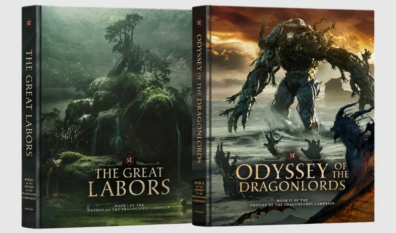 Two book covers: "The Great Labors" and "Odyssey of the Dragonlords" with fantasy art.
