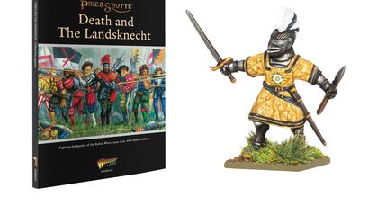 A book titled "Death and The Landsknecht" from the Pike & Shotte series is prominently displayed, featuring colorful illustrations of Landsknecht mercenaries in vibrant, patterned clothing, wielding various weapons. The background depicts a battlefield scene with flags and soldiers, emphasizing the Italian Wars of 1494-1559. To the right, a detailed miniature of Richard de la Pole, known as ‘The White Rose’, is shown, holding a sword and dressed in period attire.