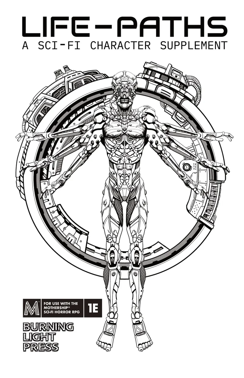 A detailed black-and-white line drawing of a humanoid figure with a skeletal, cybernetic appearance. The figure stands front-facing within a circular frame resembling a mechanical or technological structure. Its body combines organic bone and muscle with mechanical components: exposed ribs, spine, and limbs are interwoven with pipes, gears, and robotic joints. The head is skull-like with hollow eye sockets and a gaping mouth. The arms extend outward, ending in clawed hands, while the legs are positioned apart, anchored to the circular base by mechanical supports. At the bottom of the image, inside a black rectangular box, white text reads: "FOR USE WITH THE MOTHERSHIP 1E".