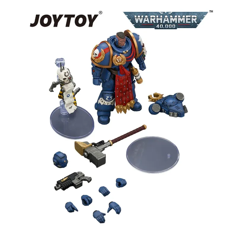 Blue armored figure with red cape, smaller white figure, weapons, and accessories. Text: JOYTOY WARHAMMER 40,000