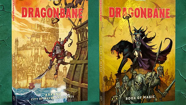 Two new expansions for the Dragonbane RPG are displayed: "Arkand: City of Waves and Flames" on the left and "Book of Magic" on the right. The cover of "Arkand" features a character in a red cloak, standing on a dock with a cityscape in the background, while "Book of Magic" showcases a dark figure wielding a staff, accompanied by a menacing wolf and skeletal figures. Both books have vibrant, detailed artwork and are set against a green background.