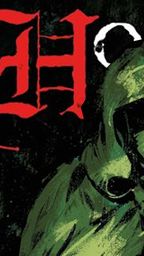 A close-up of the cover art for "The Hooded Man," featuring a mysterious figure in a dark green hooded cloak, partially obscured by shadows. The title is prominently displayed in bold red lettering, with the word "Hood" stylized to emphasize its significance. The background is dark and atmospheric, enhancing the sense of intrigue and adventure associated with the game.