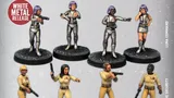Nine miniatures in sci-fi uniforms, some holding guns, on black bases. Text: "NEW RELEASES WHITE METAL RELEASE LUNA COMMAND SUBMARINE SECURITY"