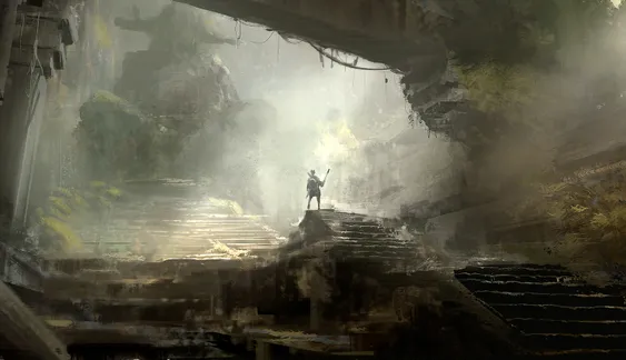 A lone figure stands atop a set of crumbling stone steps, holding a weapon aloft in a misty, desolate environment. The background features a dimly lit, cavernous space with hints of overgrown vegetation and remnants of a once-structured area, shrouded in a hazy atmosphere. The overall color palette is muted, with shades of gray and green, evoking a sense of mystery and foreboding.